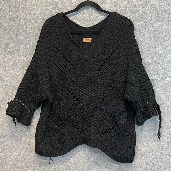 POL Sweater Women's Medium Black Chunky Knit Pullover V Neck Bell Tie Sleeves - Picture 1 of 13